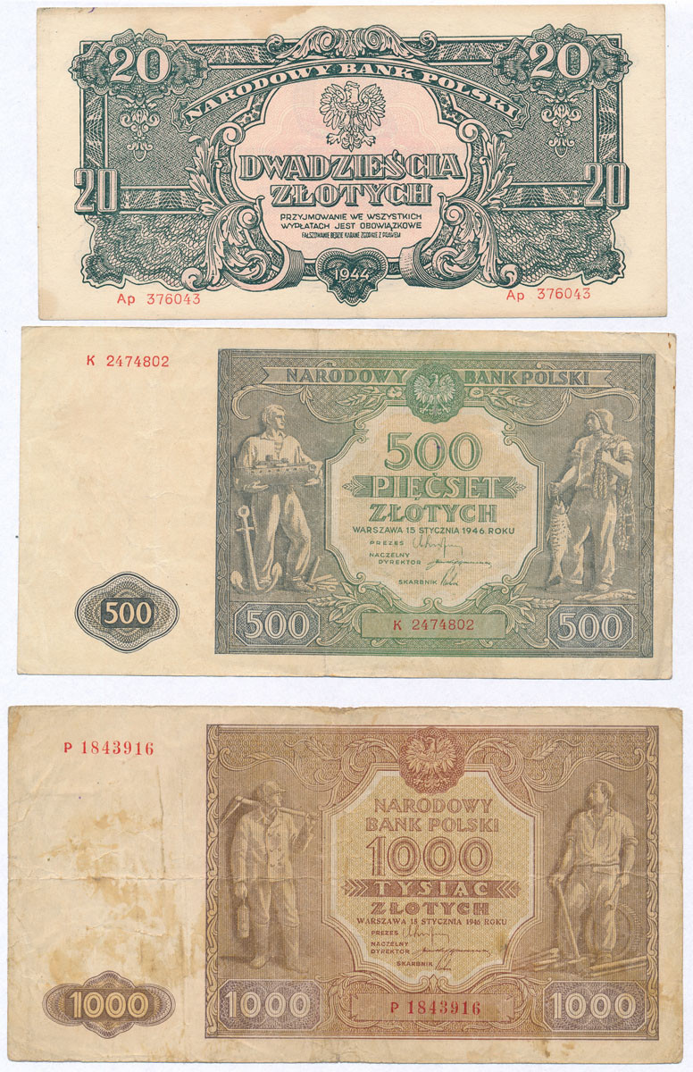 20 - 1.000 złotych 1944 - 1946, zestaw 3 banknotów